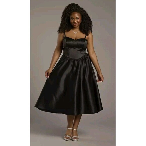 Studio Art Dresses & Skirts - Corset Seam Full Skirt Black Satin A-Line Dress Adjustable Straps By DB Studio
